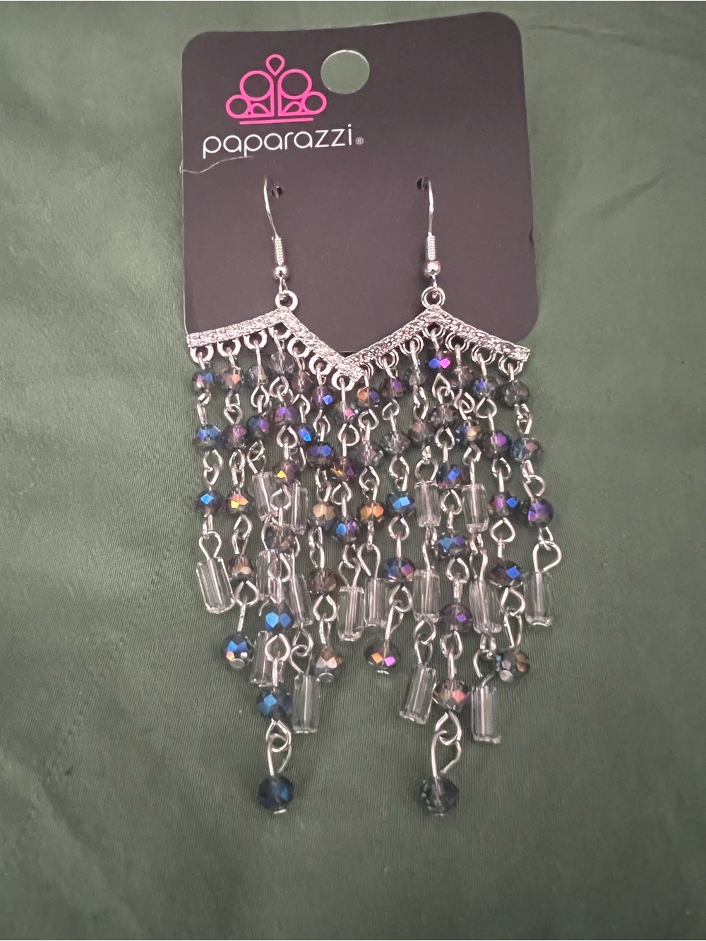 Paparazzi Silver Chandelier Earrings with Iridescent Blue and Purple Beads